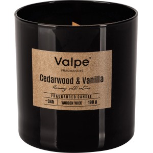 Bispol Duftkerze Zedernholz & Vanille im schwarzen Glas mit Holzdocht, 8,5 cm hoch.