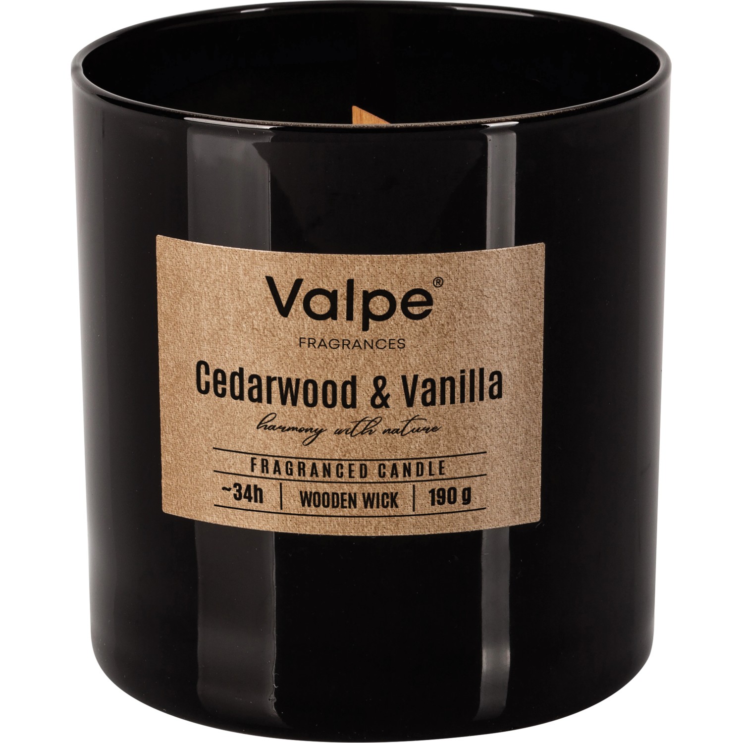 Bispol Duftkerze Zedernholz & Vanille im schwarzen Glas mit Holzdocht, 8,5 cm hoch.