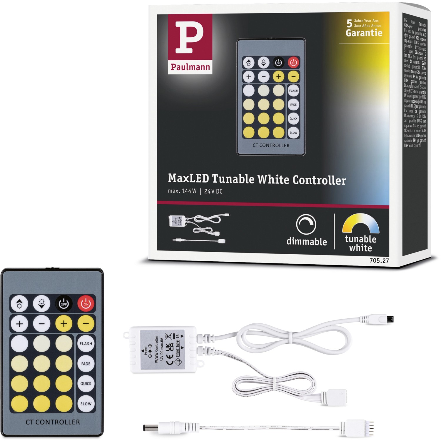Paulmann MaxLED Controller Tunable White mit Fernbedienung und Zubehör.