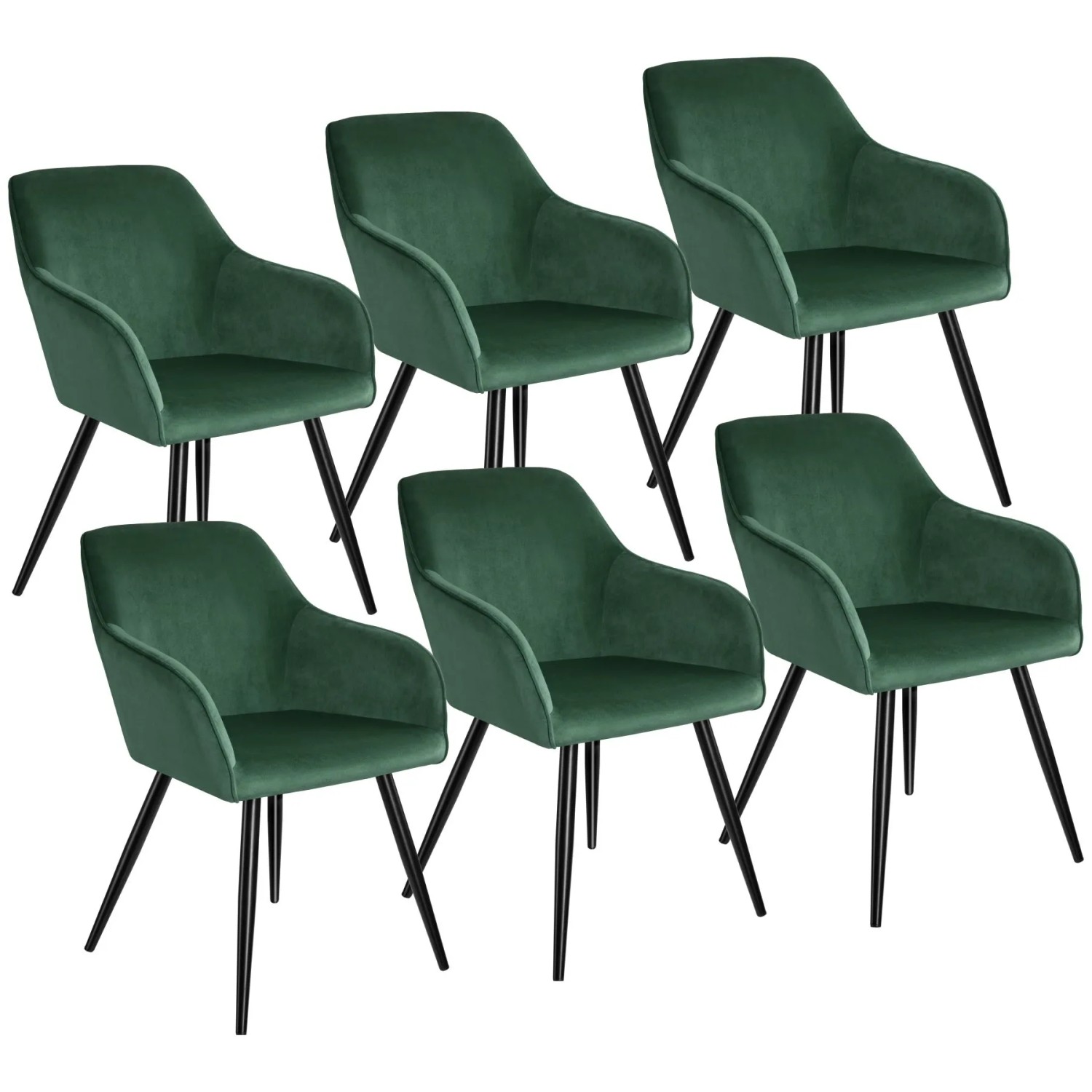 Tectake Esszimmerstuhl Marilyn Gepolstert  In Samtoptik Durchgehende Lehne 6Er Set 62 x 58 x 82 cm Dunkelgrün Schwarz