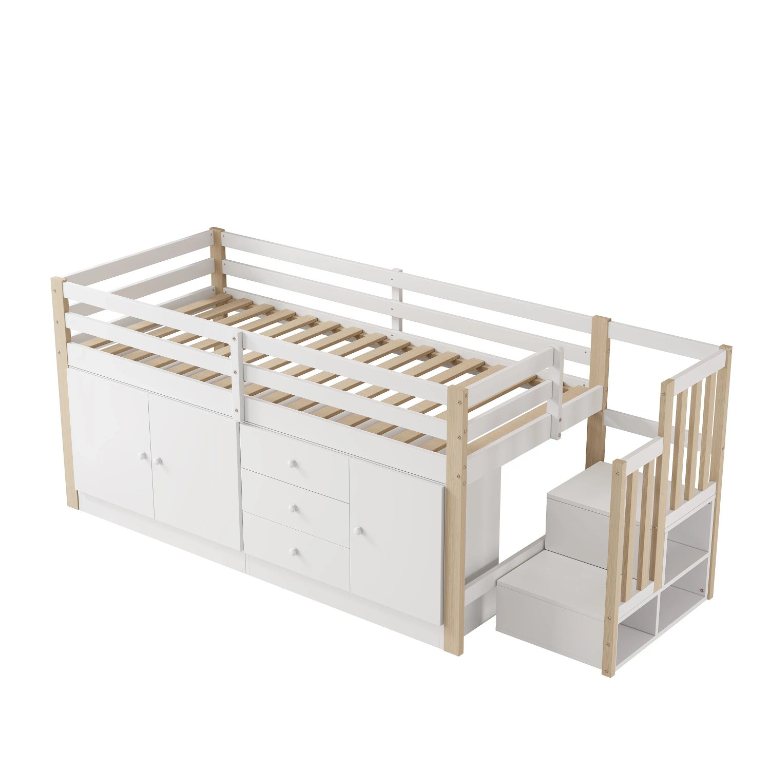 KOMHTOM Hochbett 90x200Cm Kinderbett Einzelbett Mit Treppe Schubladen 2 Stauschränken Und Wäschestange Weiß Ohne Matratze