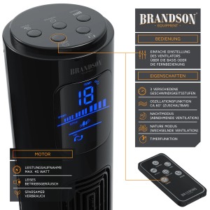 Brandson Turmventilator, 40W, mit Oszillation, Timer und Fernbedienung. Ideal für heiße Tage.