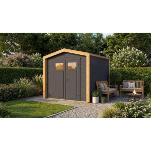 Modernes, anthrazitfarbenes Weka Gartenhaus Killarney mit Doppeltür und hellem Eichenrahmen.