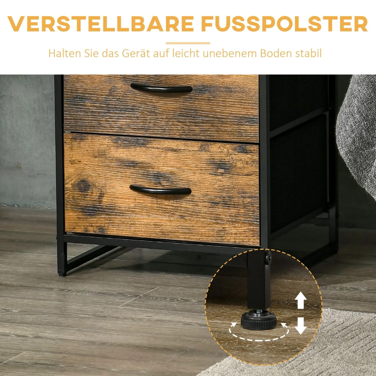 HOMCOM Kommode mit rustikal-braunen Schubladen, schwarzem Stahlrahmen und verstellbaren Füßen für stabilen Stand.