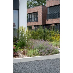Diephaus Randstein Emlan Grau 100x40x8 cm aus Sichtbeton trennt Kiesweg von Gartenbeet.
