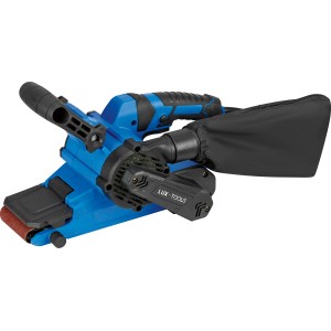 Blauer LUX Bandschleifer E-BAS-900 mit Staubfangsack. Schleifmaschine für Holz und Metall.