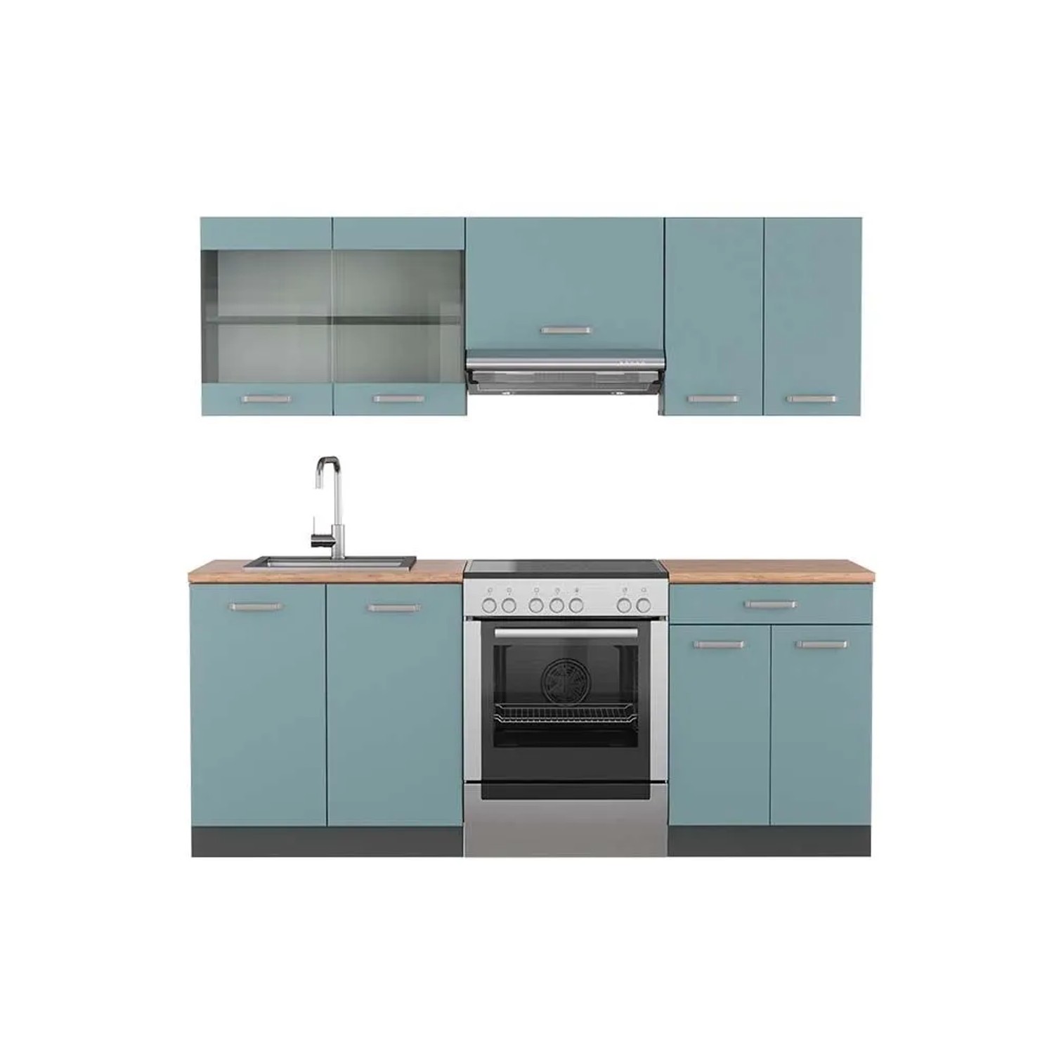 Vicco R-Line Küchenzeile Blau-Grau Anthrazit 200 cm AP Eiche ohne E-Geräte