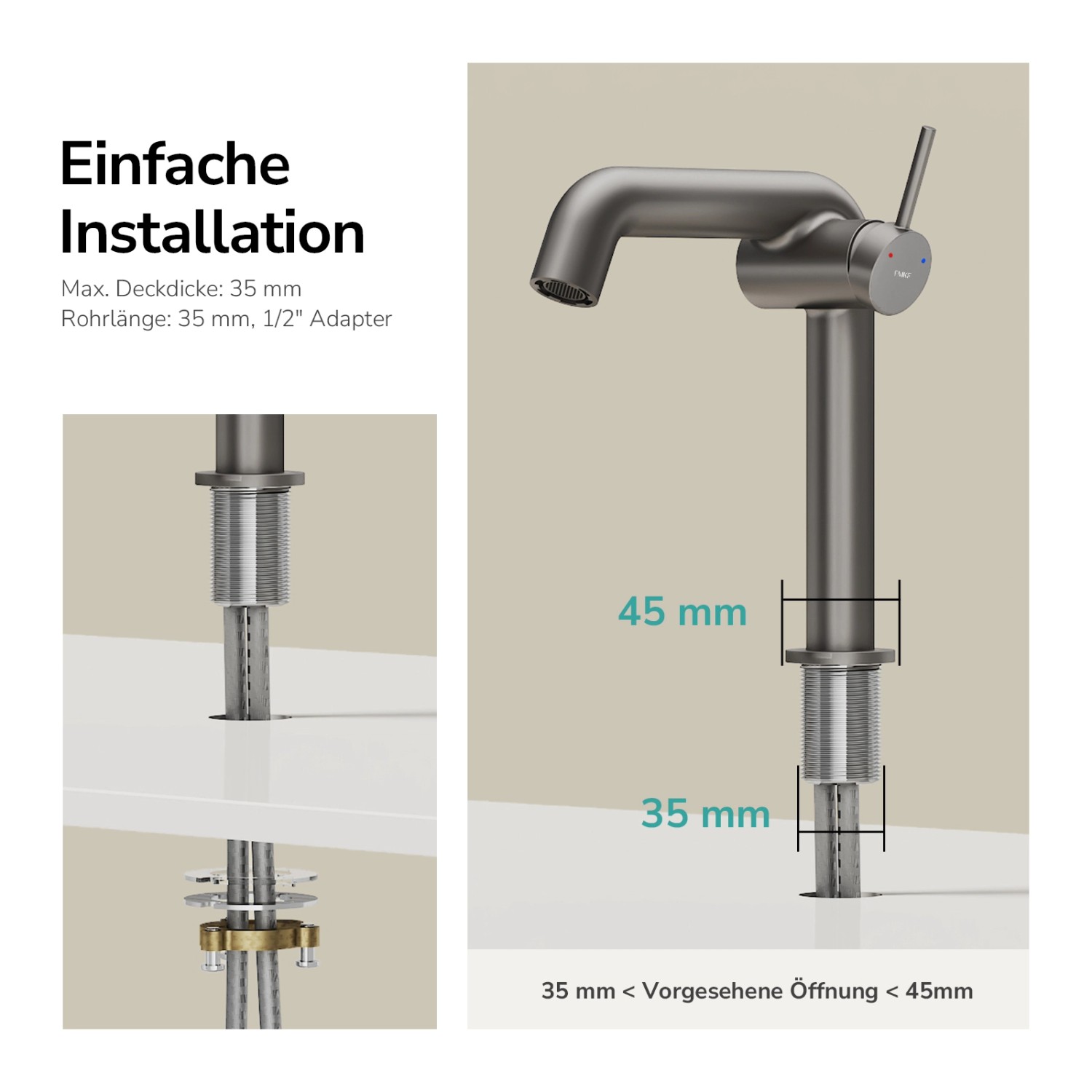 Emke Wasserhahn Bad 222 x 200 x 76 mm Anthrazit Matt Wasserhahn Waschtischarmatur Mischbatterie_5
