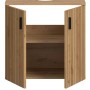 Moderner Waschbeckenunterschrank Livia in Eiche Dekor, offene Türen, Leistenoptik, schwarze Griffe, Siphonausschnitt.