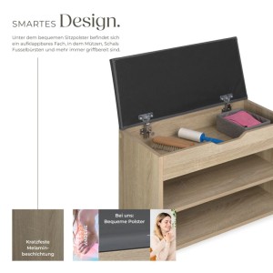 Tectake Schuhbank Jasmina Für 6 Paar Schuhe Mit Sitzpolster  60 x 30 x 43 50 cm Holz Hell  Eiche Sonoma