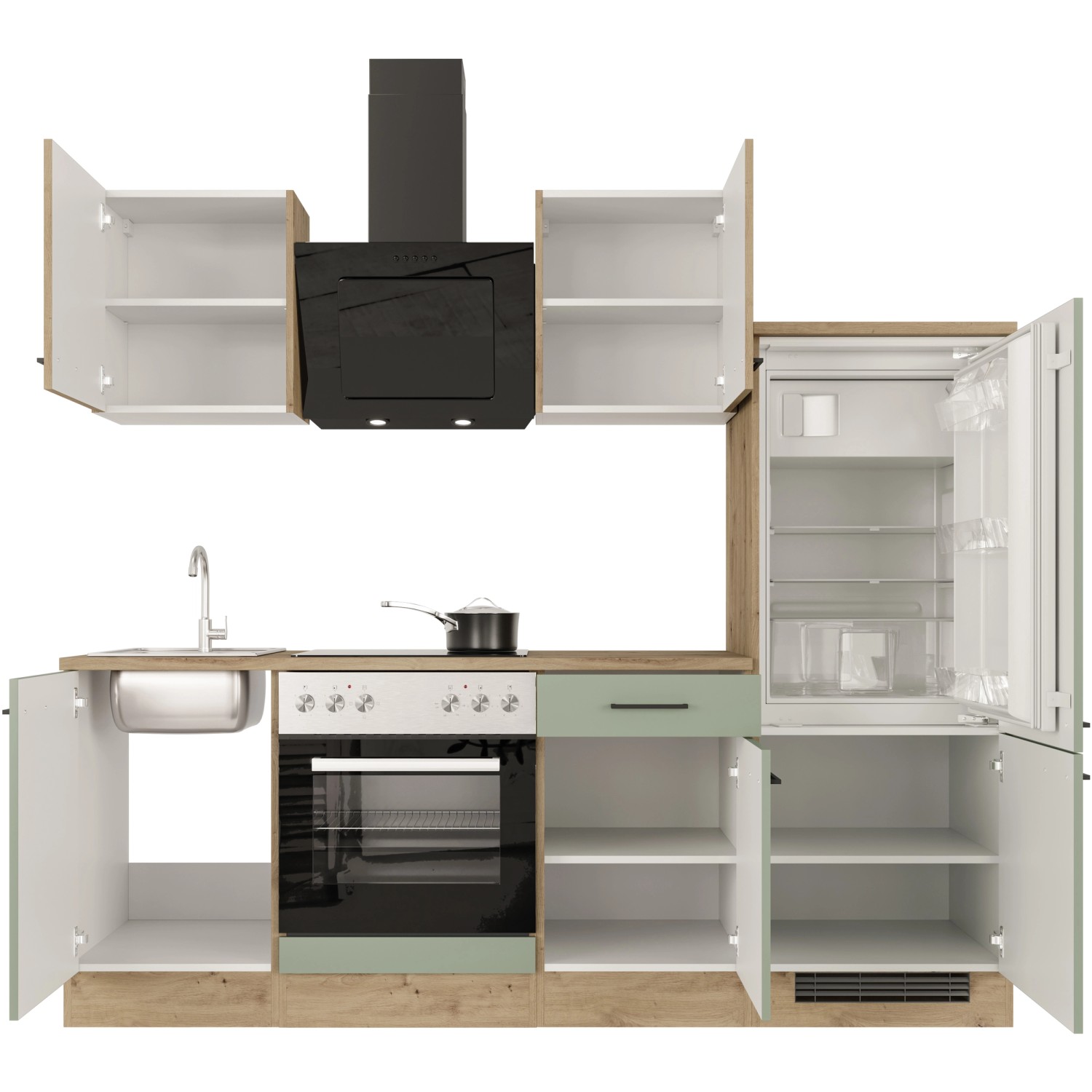 Flex-Well Küche Cara in Schilfgrün/Artisan Eiche mit E-Geräten und Spüle, 220 cm breit.