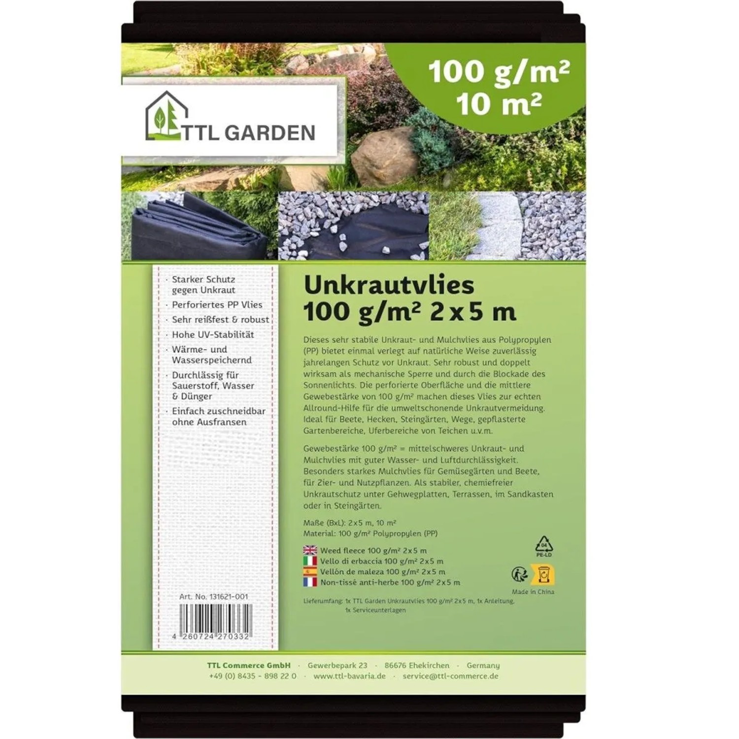 TTL GARDEN Unkrautvlies 100g/m² 2x5m 10m² Schwarz Gartenvlies Mulchvlies UV-stabil für Beet Wege & Terrasse
