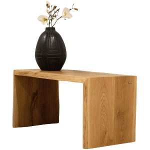 Holz4home Massivholz Hocker Bank aus Eiche mit Baumkante M, mit Deko-Vase auf der Sitzfläche.