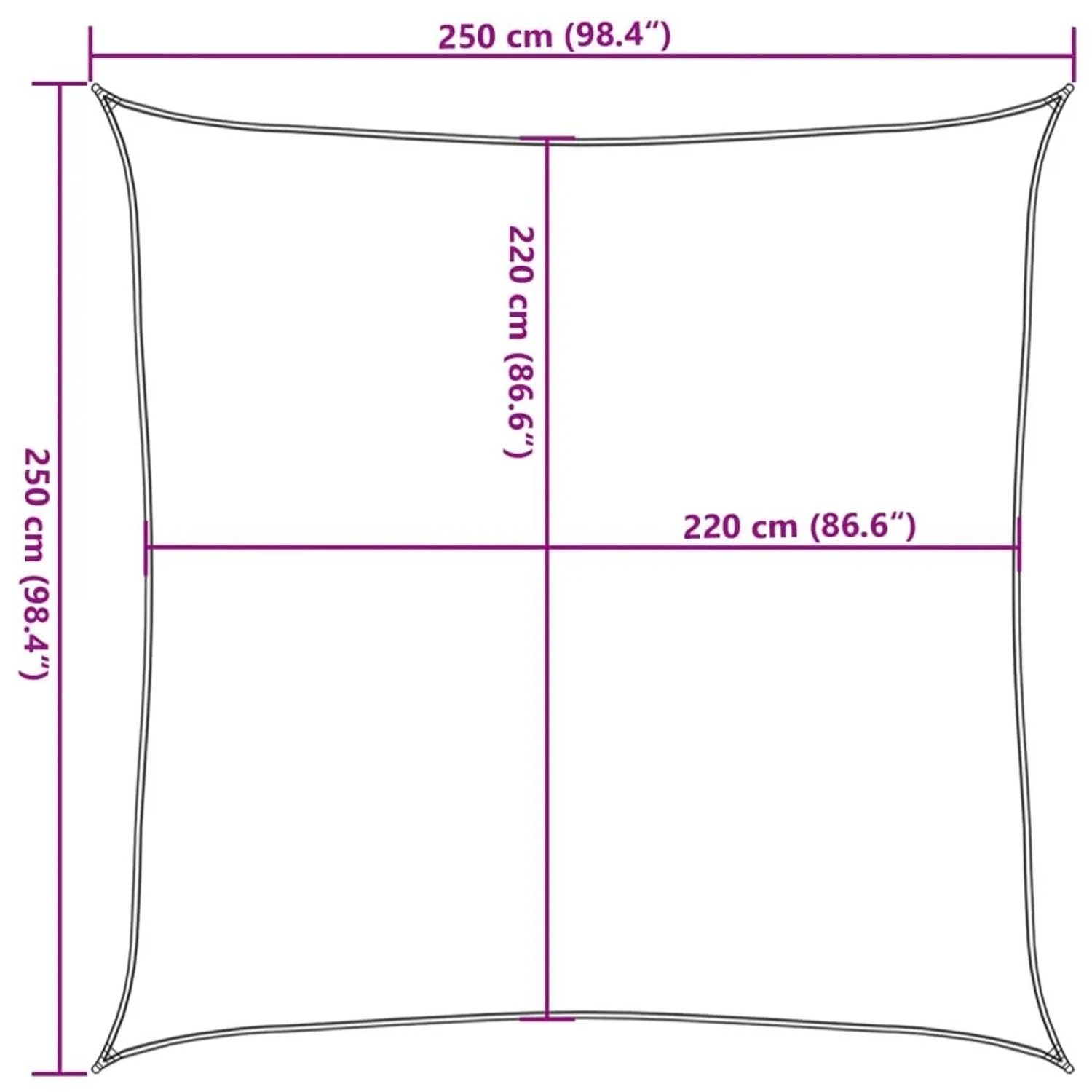 Quadratisches Sonnensegel mit Maßen 2,5x2,5 m außen und 2,2x2,2 m innen. Ideal für Garten & Terrasse.