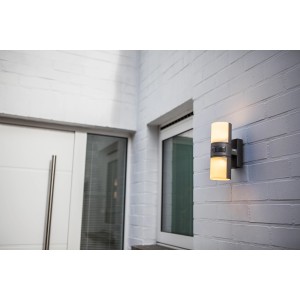 Moderne LED Außenwandleuchte Cyra mit zwei drehbaren, zylinderförmigen Köpfen in Anthrazit.
