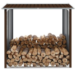 Braunes VidaXL Brennholzlager aus verzinktem Stahl, gefüllt mit Holzscheiten.