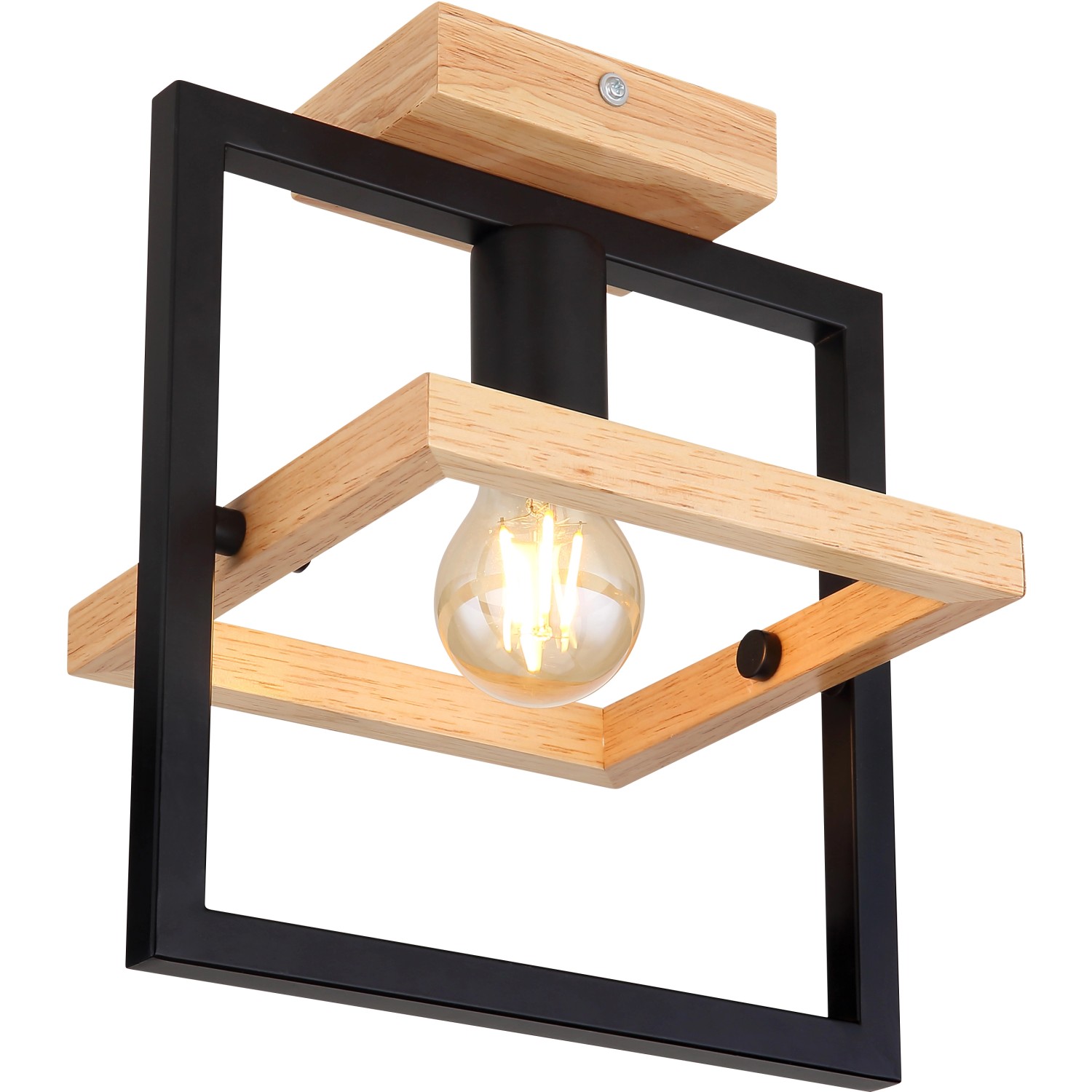 Moderne Globo Deckenleuchte Erica, dunkelbraunes Holz und schwarzes Metall, mit drehbarem Quadrat.