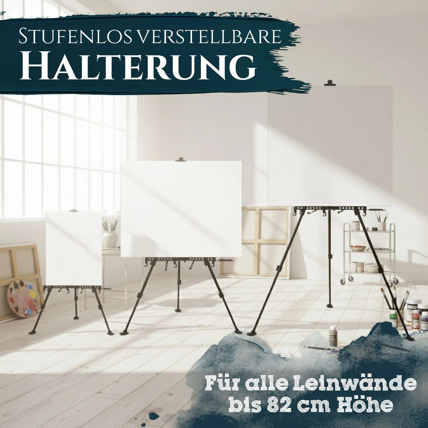 Artina Paris Metall Staffelei, verstellbar als Feld- oder Tischstaffelei für Leinwände bis 82 cm. Stabil, tragbar, Pinselhalter.