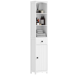 Weißer HOMCOM Badezimmerschrank aus Spanplatte mit Schublade, Tür und offenen Regalen.