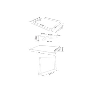 Technisches Diagramm des Vente-unique Türvordachs Kepler Schwarz 150 cm aus Aluminium, zeigt Komponenten und Maße.