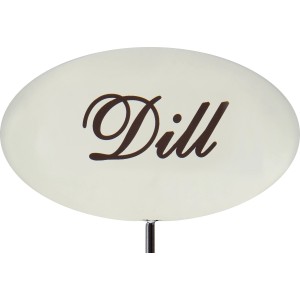 Emailleweißer Kräuterstecker mit der Aufschrift Dill, Gartendekoration.