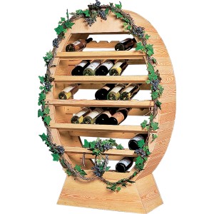 Promadino Weinregal Winzertraum groß aus Kiefernholz für 33 Flaschen, Fassform mit Weinreben-Deko.