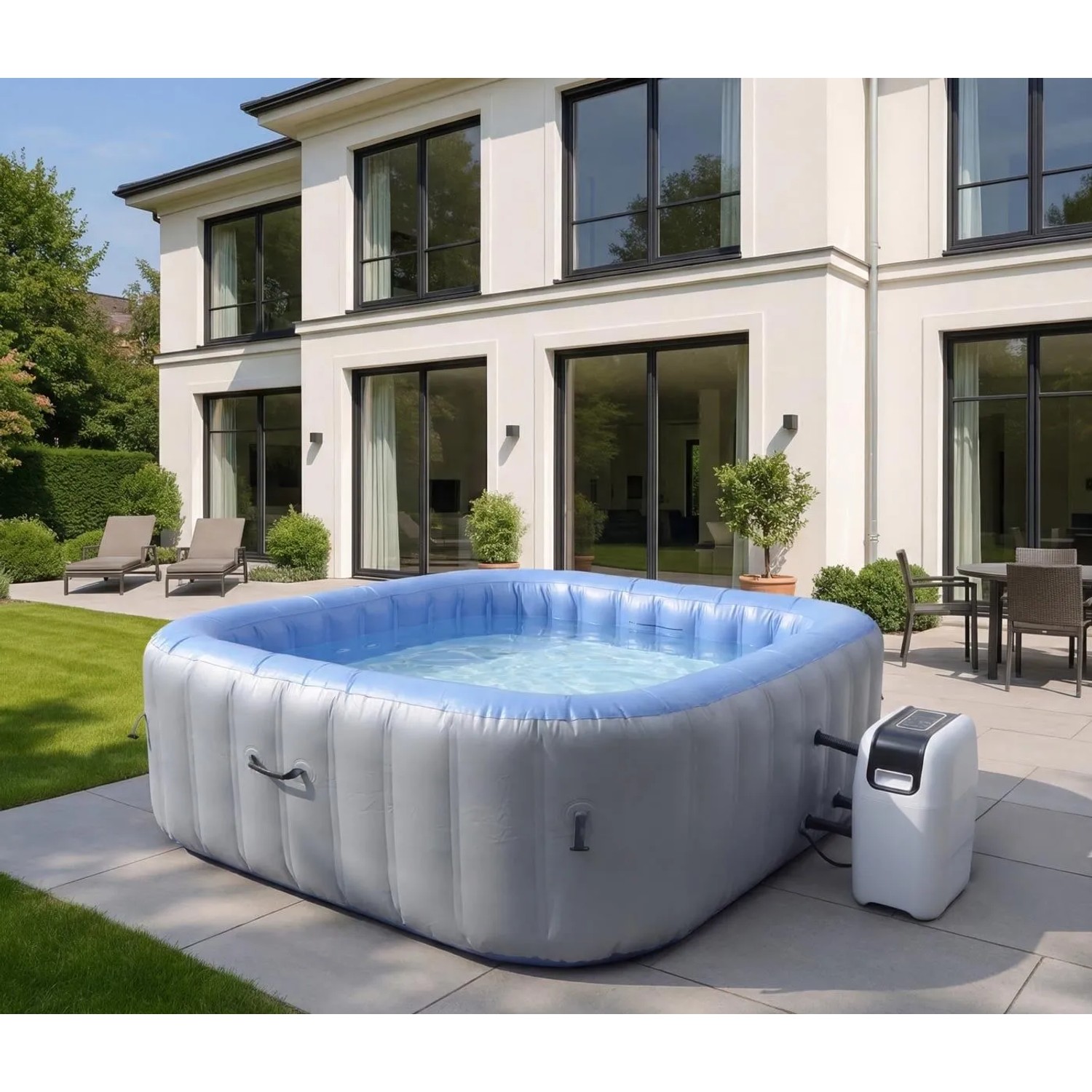 Aufblasbarer, eckiger MCW Whirlpool N97 für 6 Personen in Grau-Blau mit Heizung und Pumpe im Garten.
