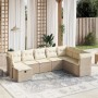 Beige 8-tlg. Garten-Sofagarnitur aus Poly Rattan mit cremeweißen Kissen.