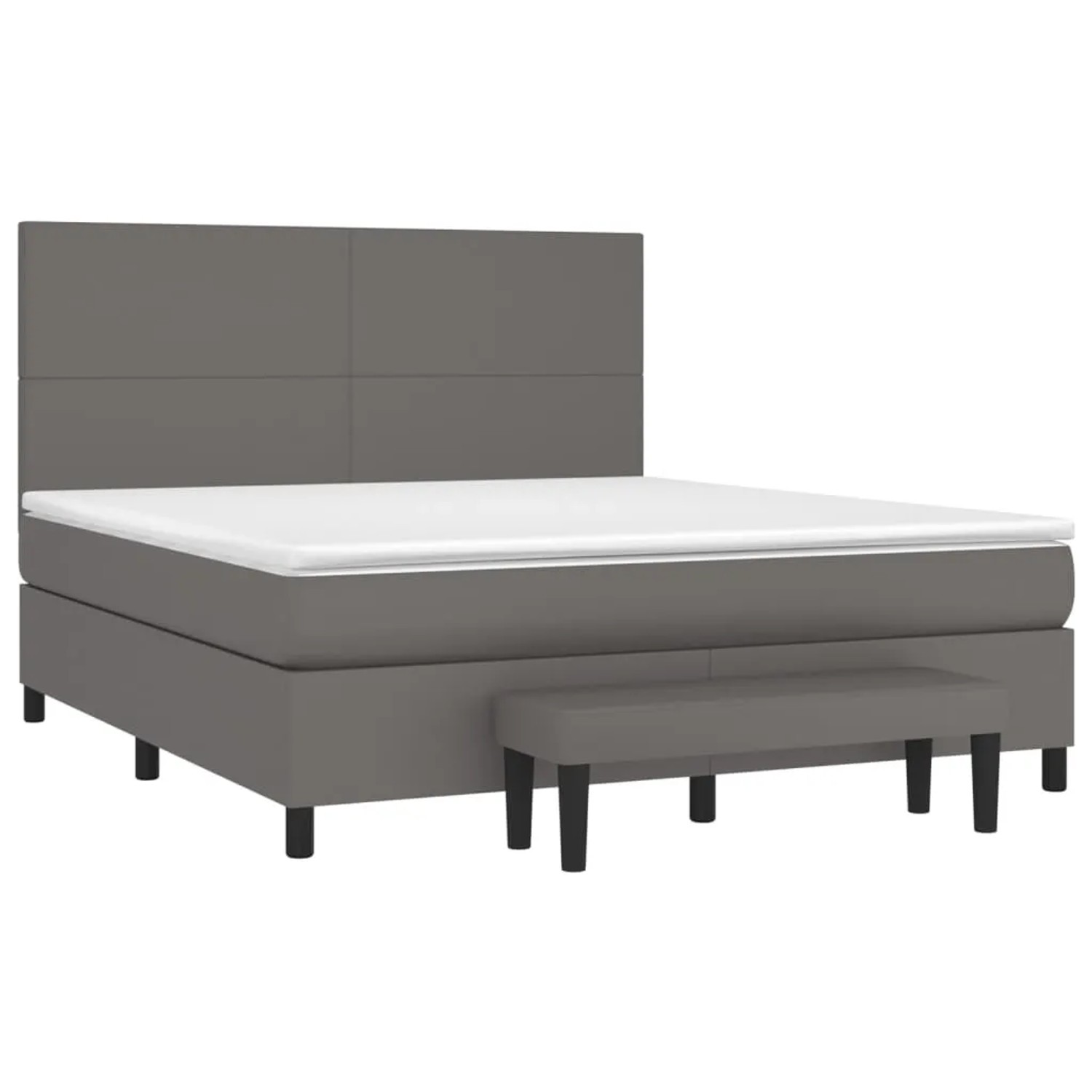 Graues Boxspringbett 180x200 cm mit Matratze, Kunstleder und Bank.