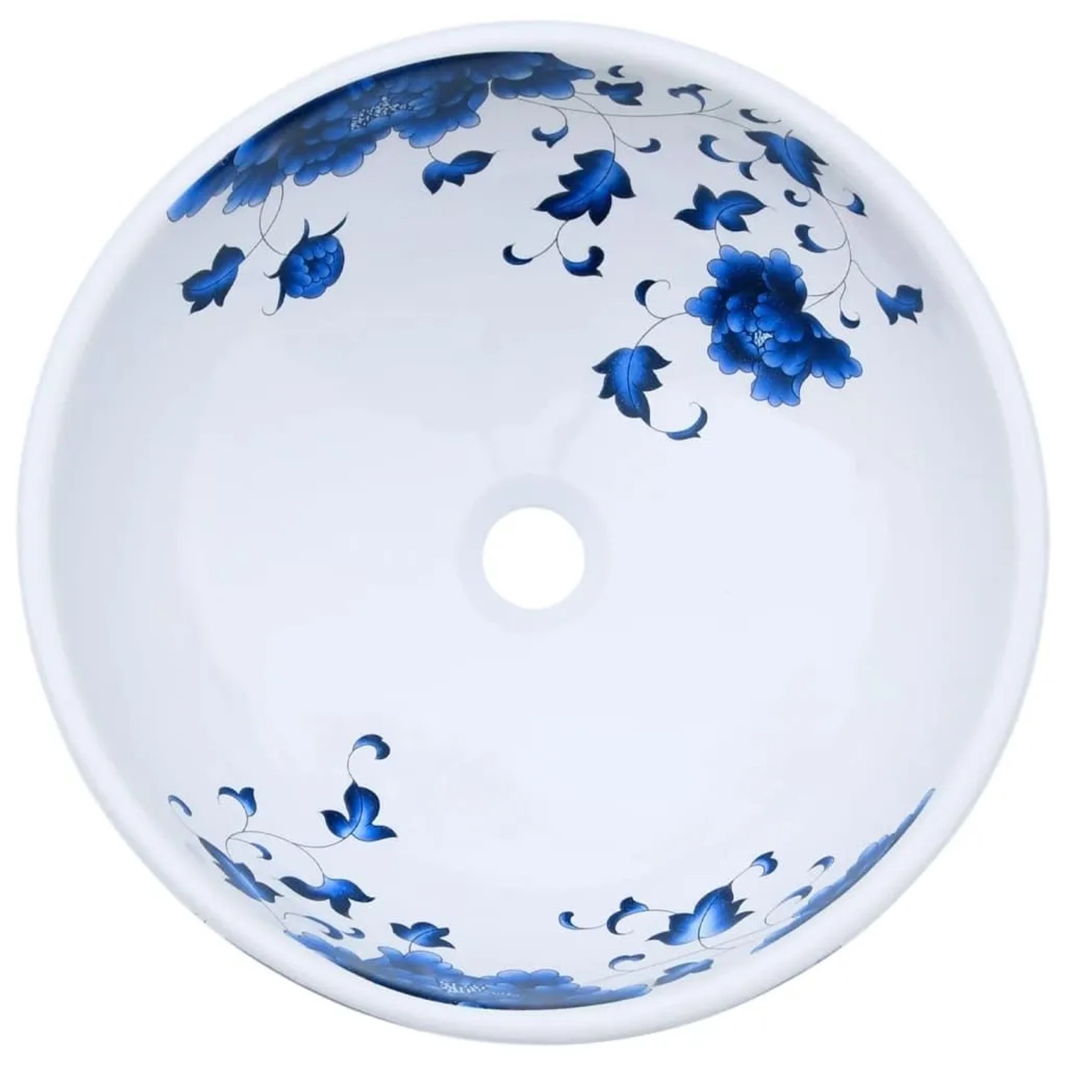 Rundes Aufsatzwaschbecken in Weiß-Blau mit floralem Muster, Ø41 cm.