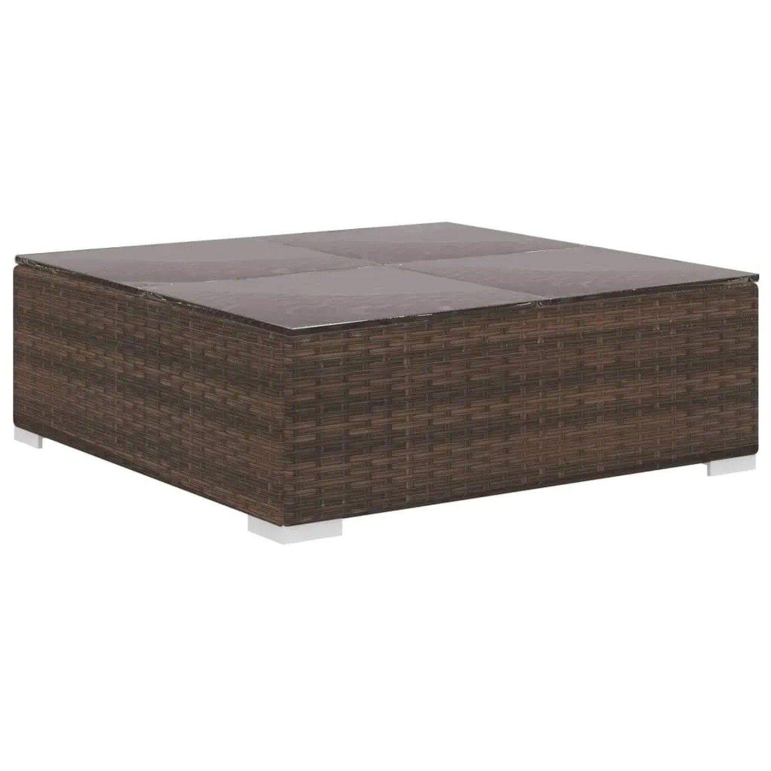 Quadratischer Couchtisch aus braunem Polyrattan mit Glasplatte, Teil des vidaXL Garten-Lounge-Sets.