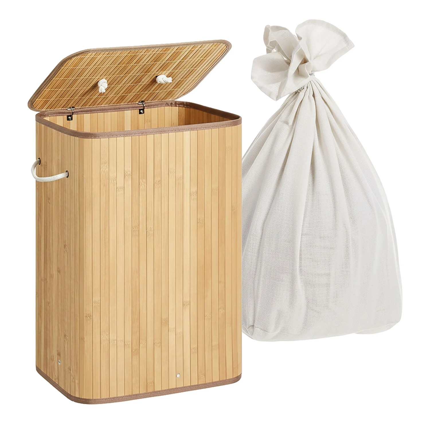 Relaxdays Wäschekorb Bambus Natur mit 2 Fächern mit Deckel Faltbar 63 cm x 52 cm x 32 cm 2.1 kg