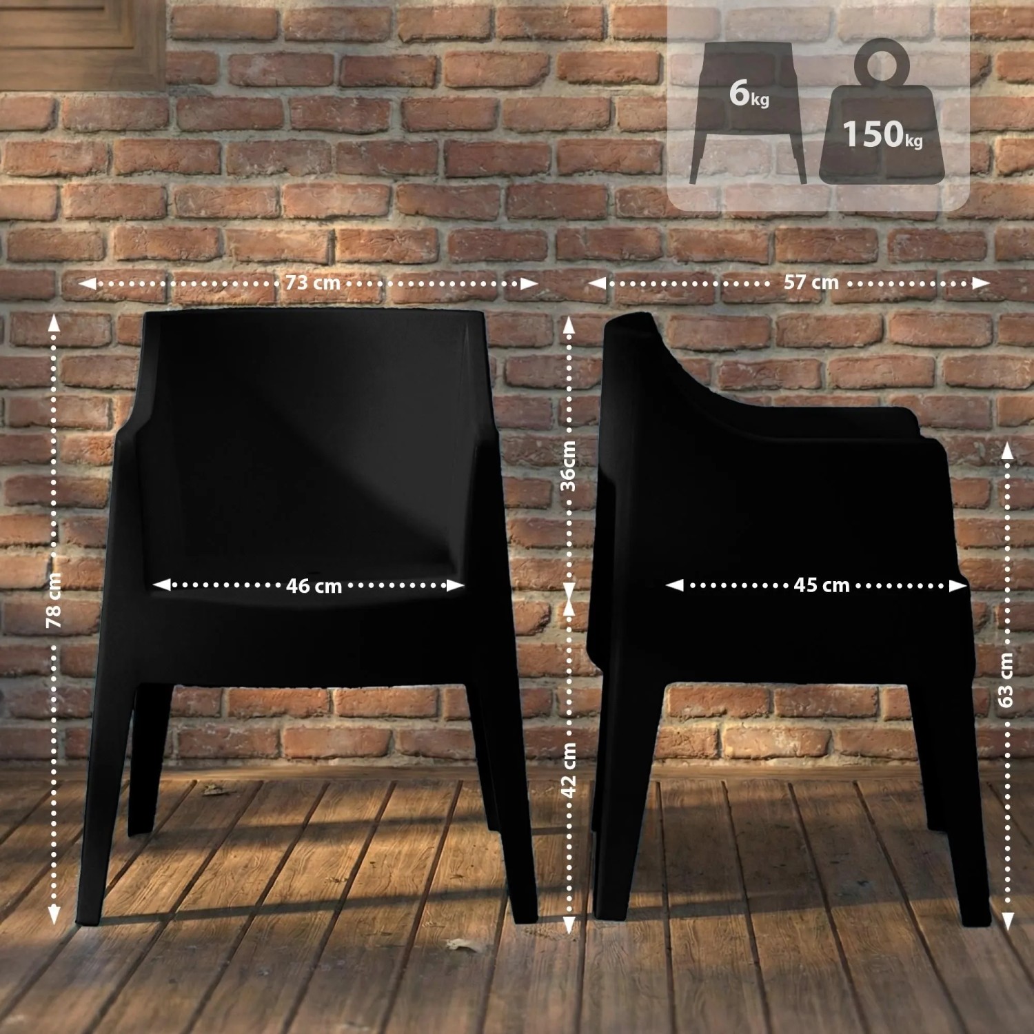 Schwarze DELUKE HENRI Gartenstühle aus Kunststoff, stapelbar, mit detaillierten Maßen. Ideal für Outdoor & Lounge.