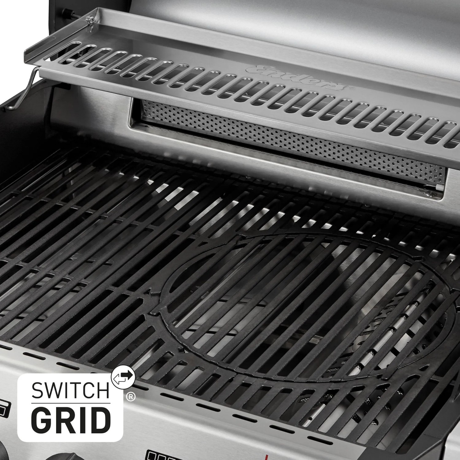 Detailaufnahme des Enders Gasgrill Monroe Pro 4 SIKR Turbo mit emailliertem Gussrost und Switch Grid System.