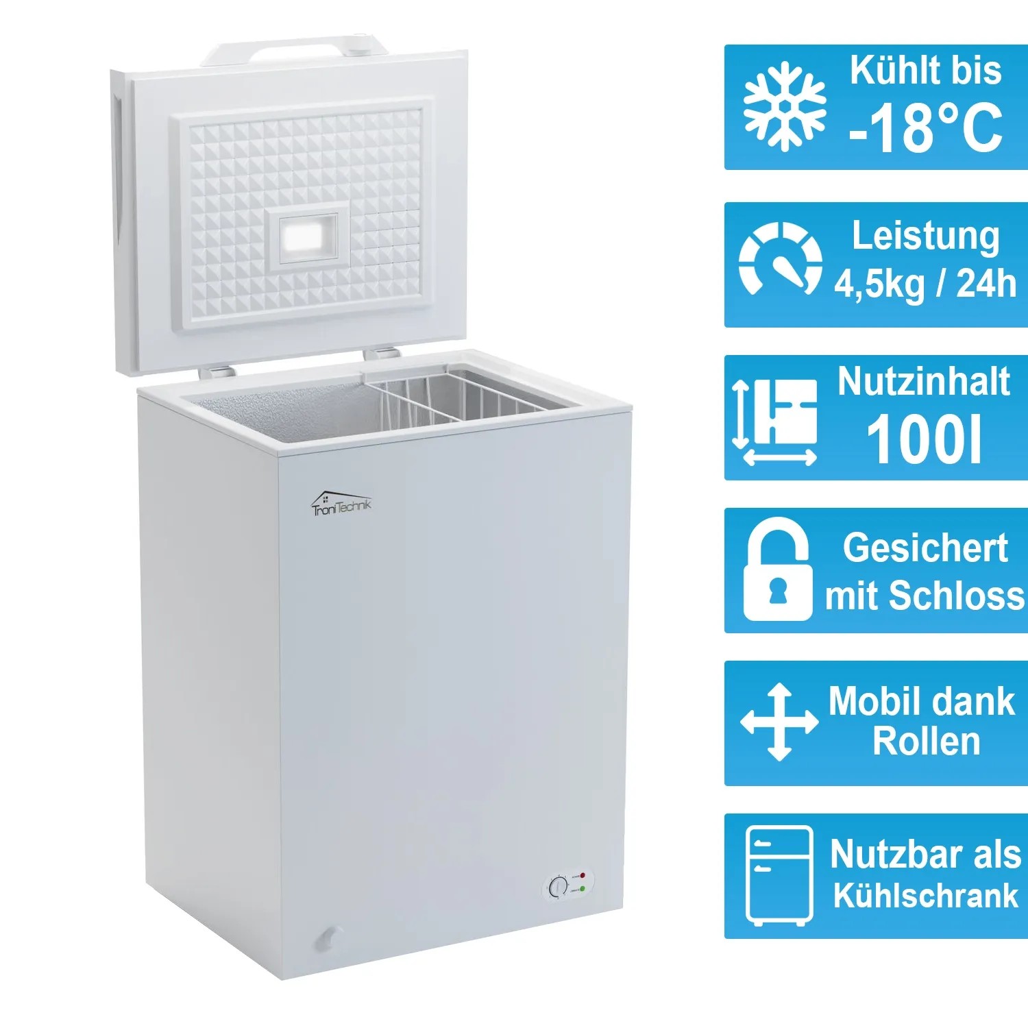 Offene, weiße Tronitechnik Gefriertruhe Borgar Pro, 100L Nutzinhalt, mit Drahtkorb.