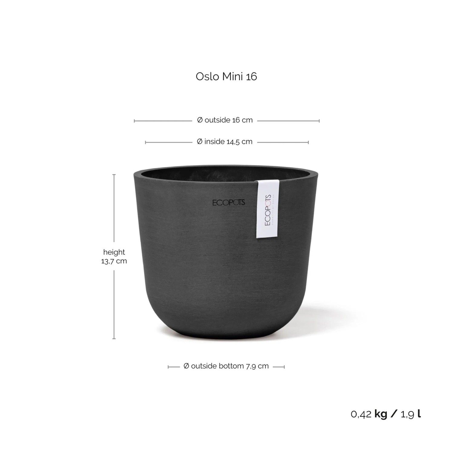 Ecopots Pflanztopf Oslo Mini, dunkelgrau, 16x14cm. Skandinavisches Design für Innen- und Außenbereiche.