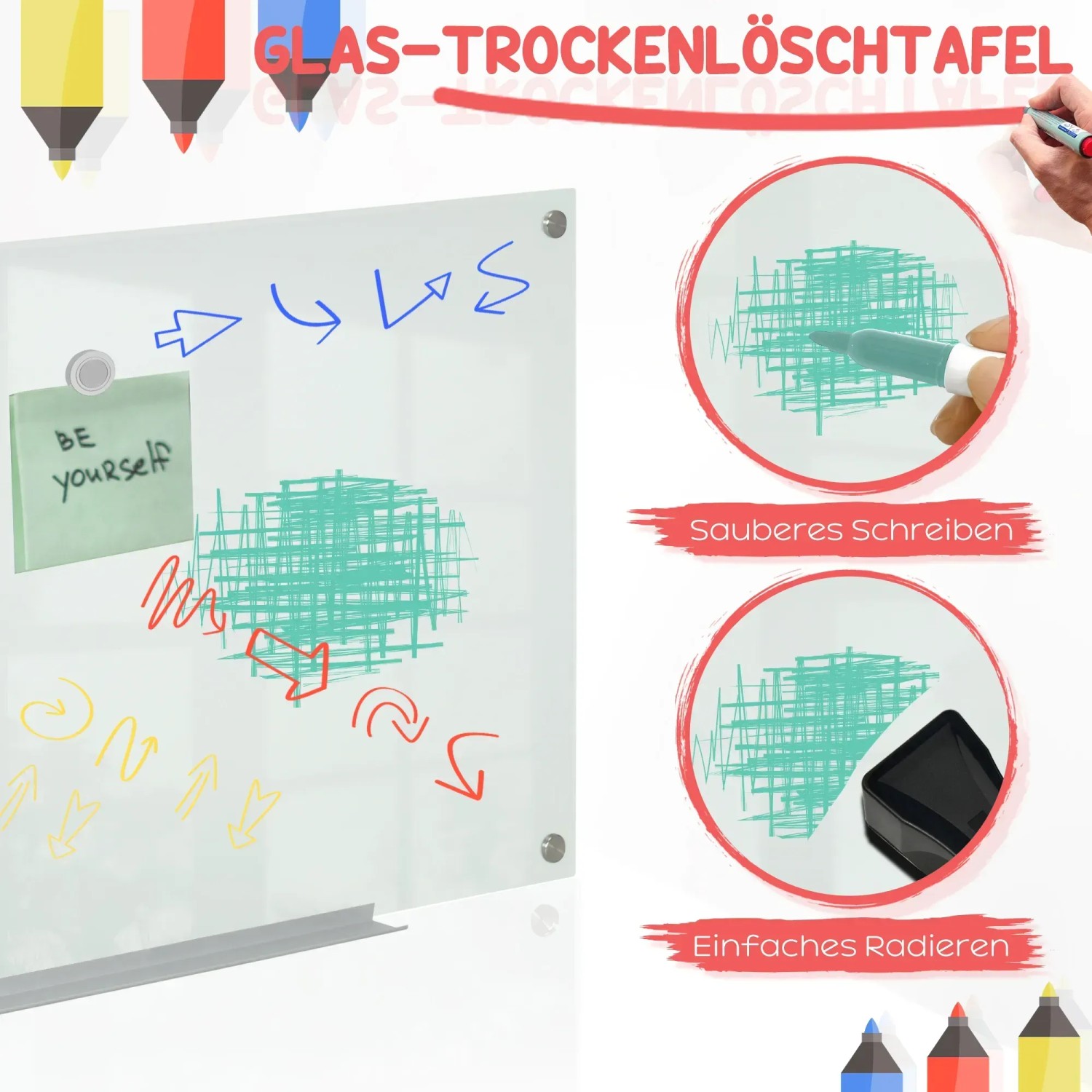 Vinsetto Whiteboard aus Glas mit Stiften, Magneten und Schwamm für Büro und mehr.