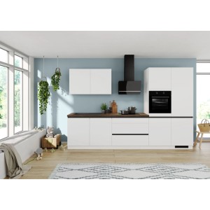 Weiße Impuls Küchenzeile 340 cm mit Oregon Eiche-Arbeitsplatte, Backofen, Kochfeld, Dunstabzugshaube. Modern & vormontiert.
