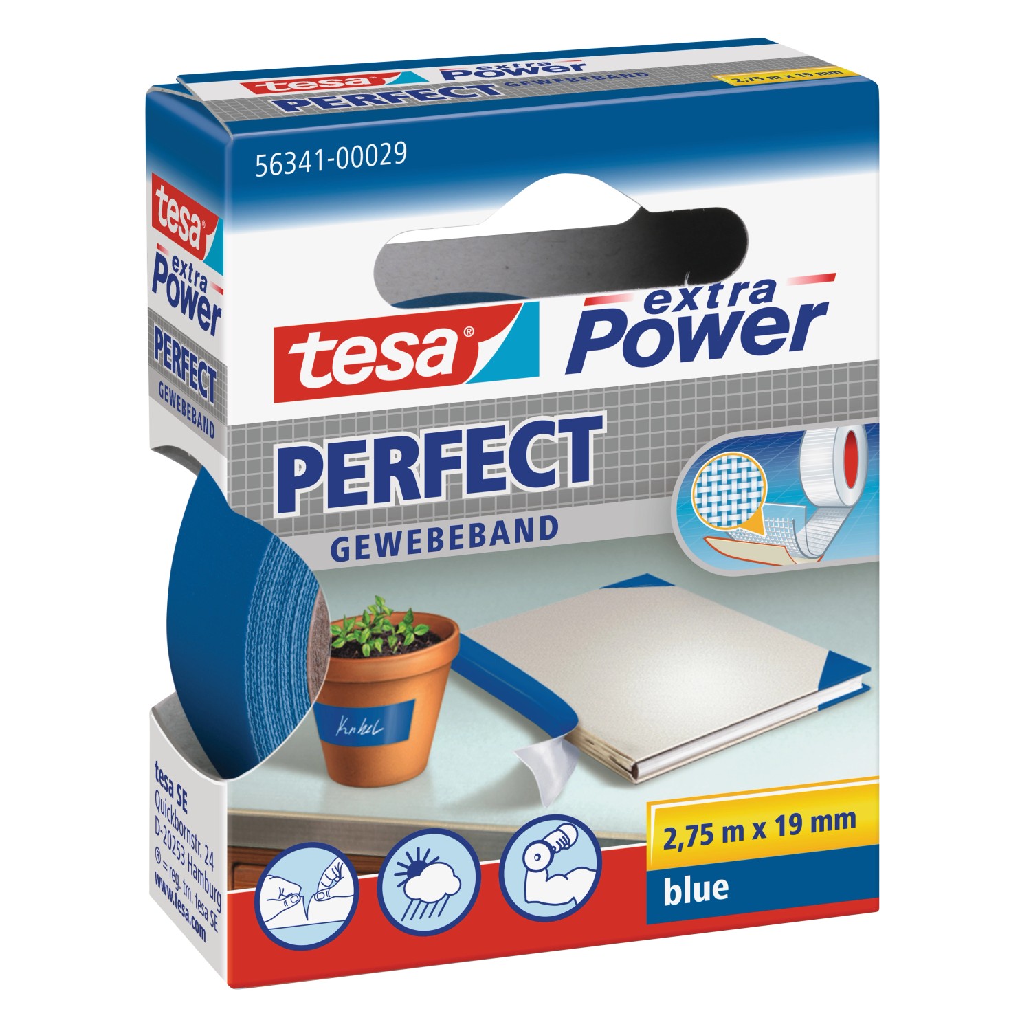 Tesa Extra Power Perfect Gewebeband Blau 2,75 m x 19 mm