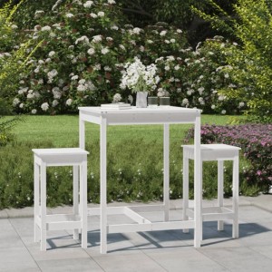Weißes 3-tlg. Gartenbar-Set aus Kiefernholz mit Tisch und zwei Barhockern.