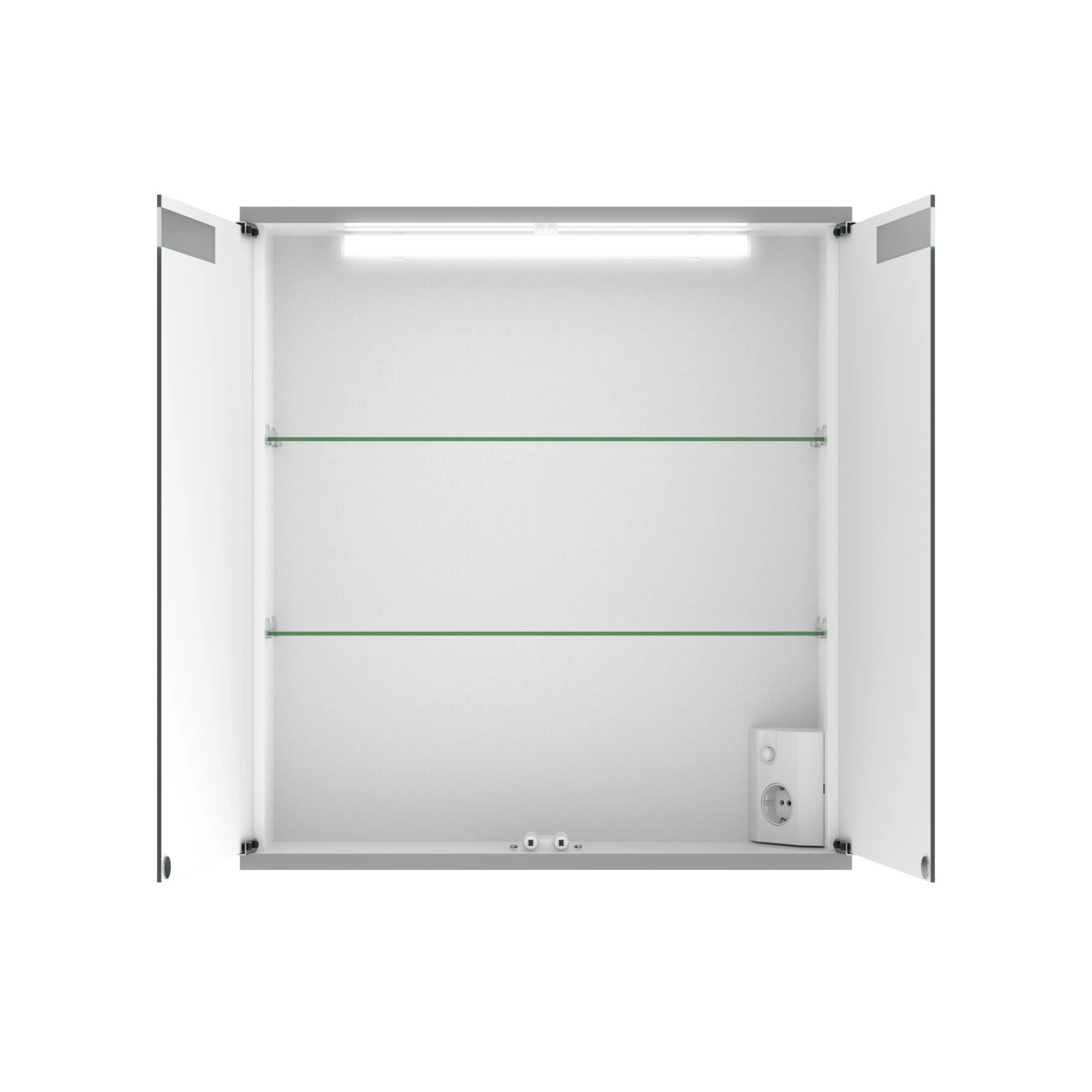 Offener Jokey Spiegelschrank Cento, 60x65 cm, alufarben, mit LED-Beleuchtung und Glasablagen.