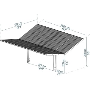 Technische Zeichnung: Palram Canopia Carport Sydney Wings, 586x572 cm, schwarz, mit Maßangaben.