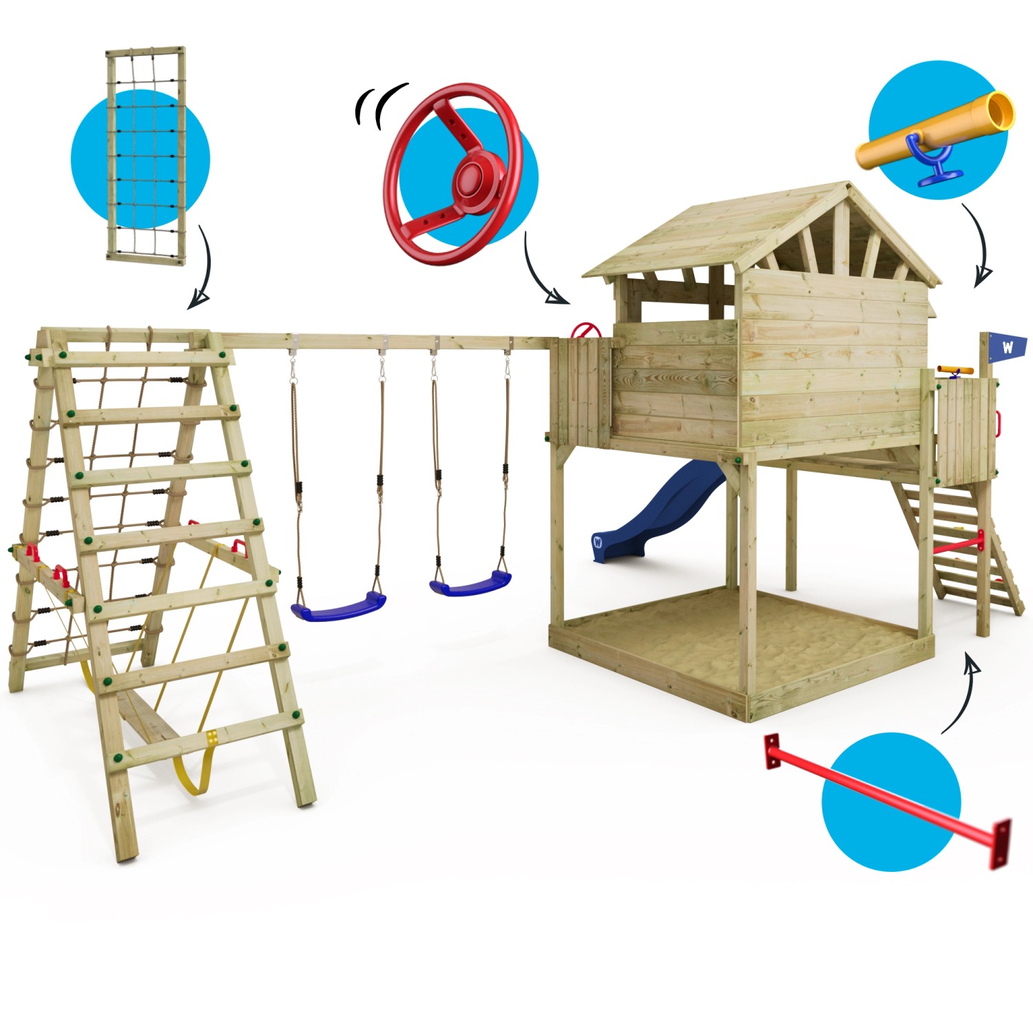 Wickey Spielturm Smart Fjord mit blauer Rutsche, Schaukeln, Kletterwand und Spielhaus.