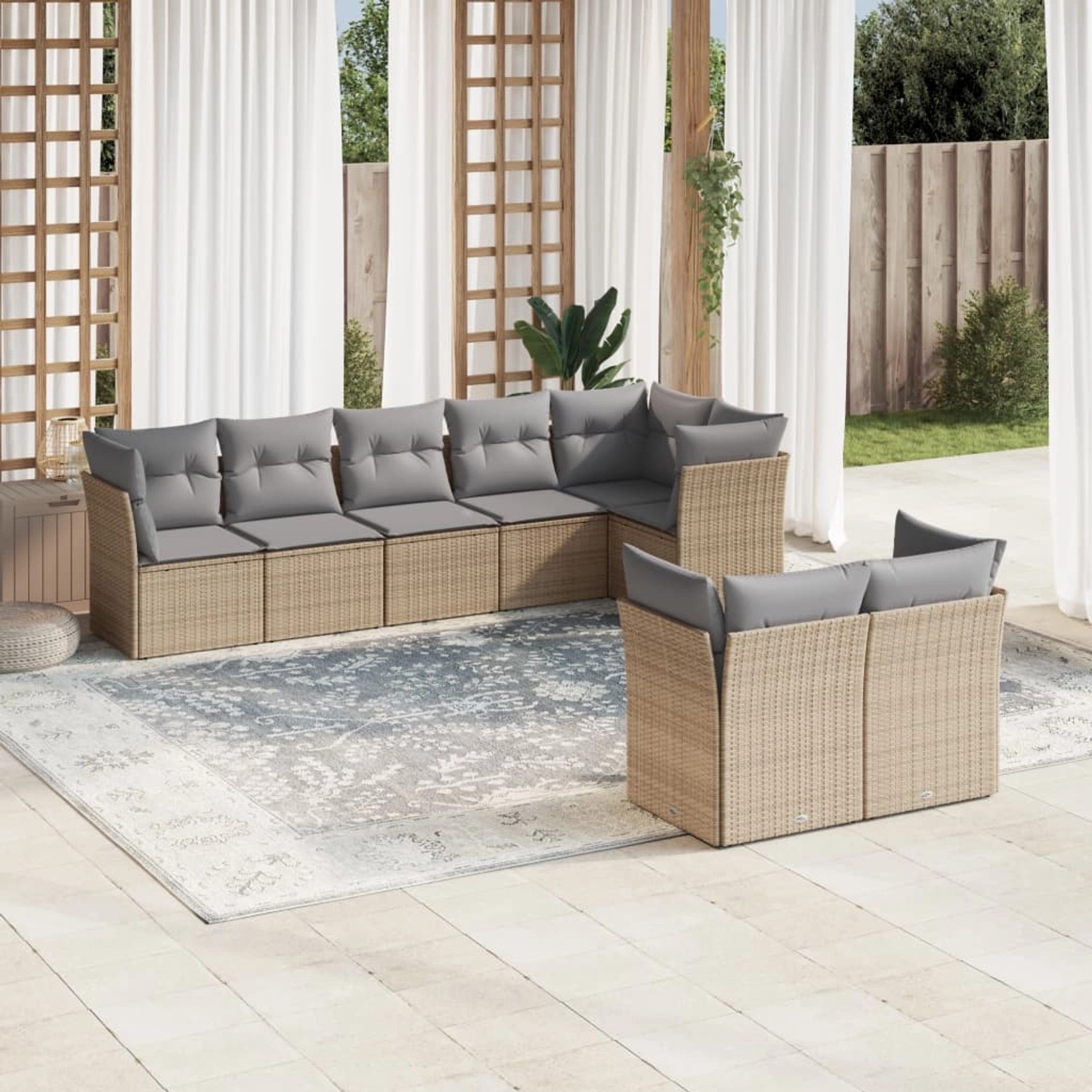 8-tlg. Garten-Sofagarnitur aus Rattan, beige, mit grauen Kissen. Modulare Gartenmöbel für Terrasse und Garten.