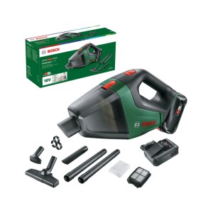Bosch UniversalVac 18V Akku-Handstaubsauger in Grün/Schwarz mit Akku, Ladegerät und umfangreichem Zubehör-Set.