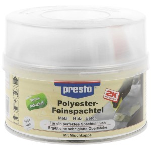 Presto Polyester Feinspachtel 500g im weißen Behälter für Lackreparatur und Karosseriereparatur.
