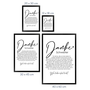 Gerahmtes Poster "Danke Schwester" in verschiedenen Größen als Geschenkidee.