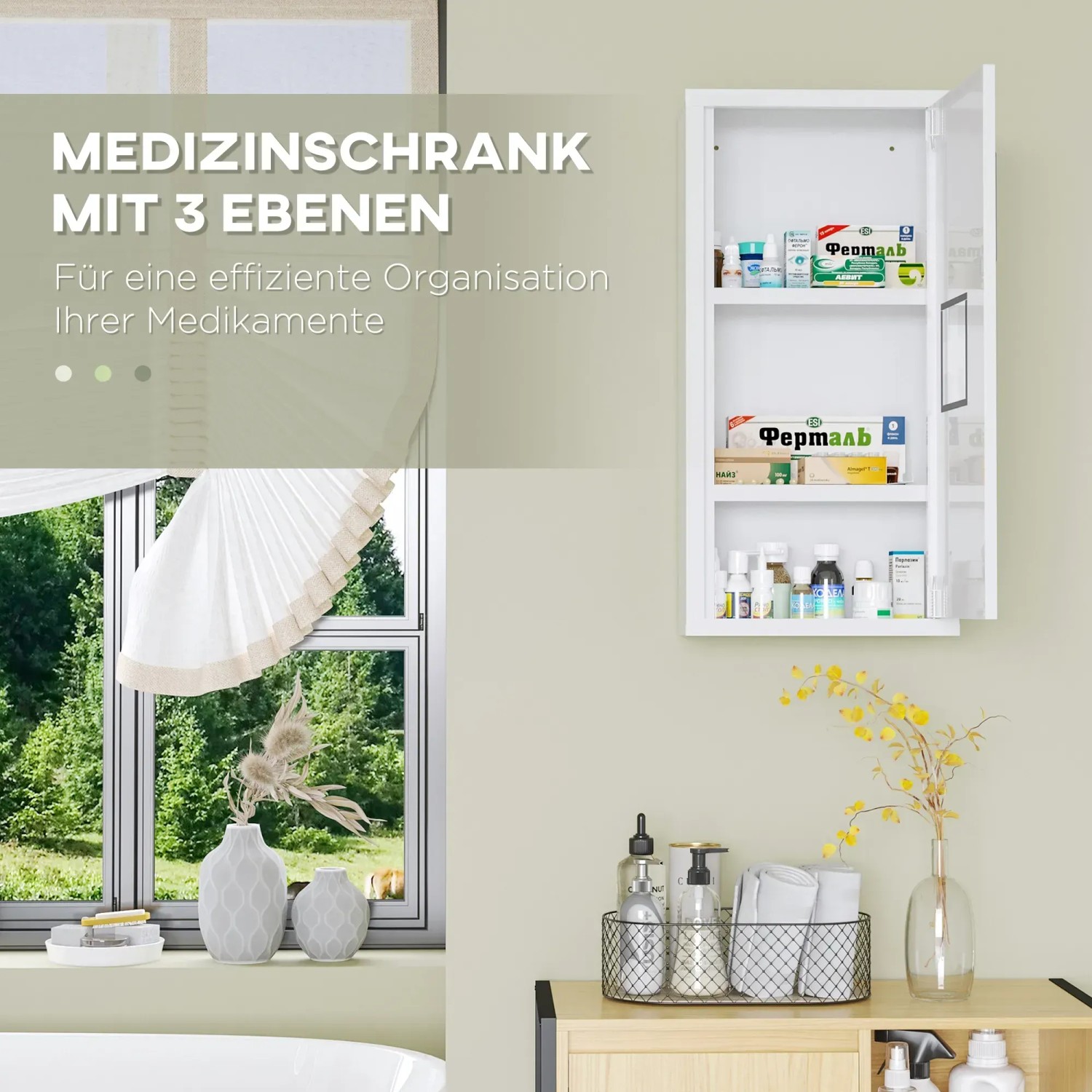 Weißer Kleankin Medizinschrank mit 3 Fächern zur Wandmontage, gefüllt mit Medikamenten.