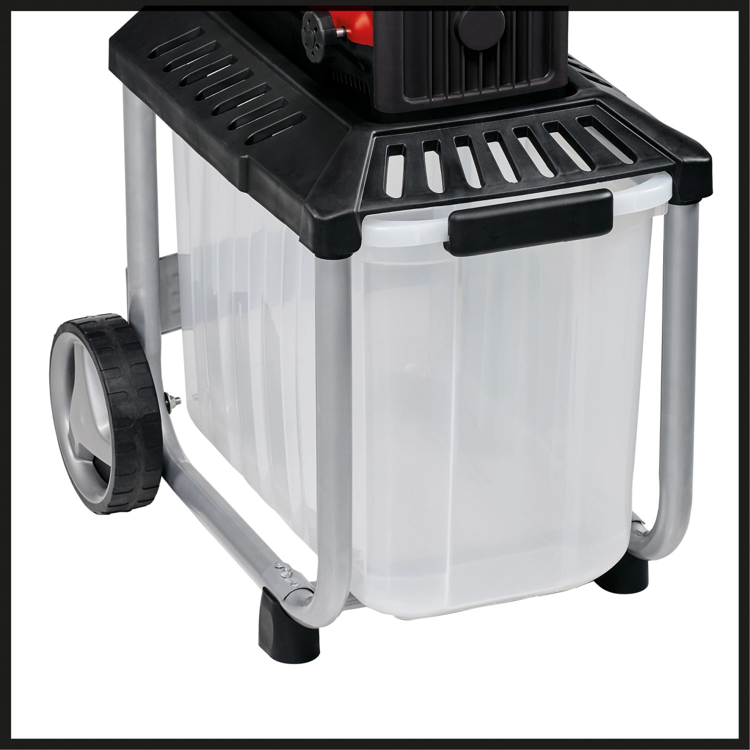 Detailaufnahme: Einhell GC-RS 60 CB Elektro-Leisehäcksler mit Fangbox und Fahrgestell.