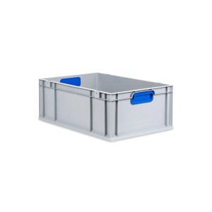 Graue PROREGAL Eurobox mit blauem Griff und Deckel, 40x60x22cm, ideal zur Aufbewahrung.